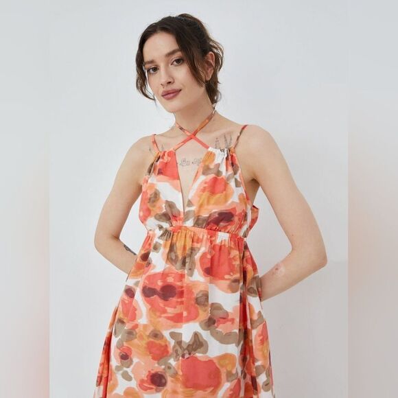 Vero Moda Women's dress VMJOA SL ABK DRESS WVN GA Size S in Orange/White NWT - Picture 3 of 9